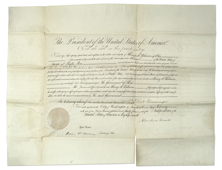 Abraham Lincoln Document Signed as President, Appointing Henry Wetmore U.S. Consul to Peru -- Wetmore Would Later Head a Campaign to Register Former Slaves to Vote